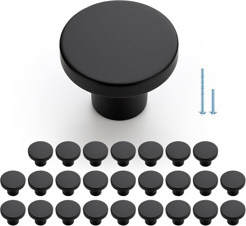 JOY DECOR 25 Pack Black Cabinet Knobs, Matte Black Kitchen Cabinet Knobs, 1-1/5 Inch Round Drawer Pulls, Kitchen Hardware for Dresser Drawers Closets - Image 1